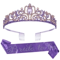 Μωβ νυφική τιάρα και κορδέλα Bride to be με στρας για μπάτσελορ πάρτι και γάμους - Μοβ Σετ (Σατέν) (HG001+JD113)