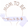 Rose gold Mommy to Be headband and white satin sash set for baby shower parties - Rose Gold Set (FG083+JD070)