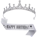 Set corona di compleanno in cristallo d'argento con fascia Happy Birthday su sfondo bianco - Set Argento: Buon Compleanno