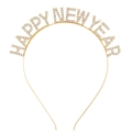 Golden Happy New Year headband decorated with white sparkling rhinestones for party - Gold