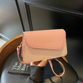 Pink minimalist crossbody small square bag with textured woven detail and gold lettering - Pink