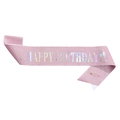 Pink glitter Happy Birthday sash with holographic silver text and gold safety pin - One Size / Pink