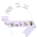 Silver Mommy to Be metal headband and white glitter sash set with gold lettering - Glittering Fabric-Silver White / Two-Piece Set