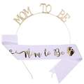 Purple glitter sash and gold Mom to Be headband set for baby shower party - Glittering Fabric-Gold White / Two-Piece Set