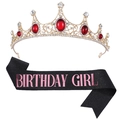 Set Birthday Girl avec couronne dorée, pierres rouges et écharpe noire pailletée - Ensemble Girl Noir et Rose