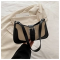 Bolso de hombro de lino estilo francés en beige y negro con hebilla plateada - Negro