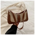 Bolso de hombro de cuero marrón y lona beige con elegante hebilla metálica cuadrada - Marrón