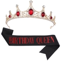 Kit Birthday Queen incluant couronne dorée aux cristaux rouges et écharpe pailletée - Ensemble Queen Noir et Rouge
