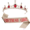 Coffret Birthday Girl avec tiare dorée aux pierres rouges et écharpe dorée - Ensemble Girl Or et Rouge