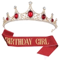 Kit d'anniversaire avec diadème doré en cristal et écharpe rouge scintillante dorée - Ensemble Girl Rouge et Or