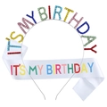 Serre-tête strass multicolore 'IT'S MY BIRTHDAY' et ensemble écharpe en satin blanc - Ensemble Écharpe en Satin (Multicolore Macaron 1)