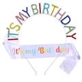 Set d'anniversaire avec serre-tête en strass colorés et écharpe en satin blanc festif - Ensemble Écharpe en Satin (Multicolore Macaron 2)