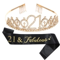 Set 21° compleanno con corona di strass dorati e fascia in raso nero 21 & Fabulous - 21esimo Compleanno Oro Kit