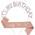 Rose gold birthday set with rhinestone headband and glitter sash for birthday parties - Glitter Sash Set (Rose Gold Holographic)