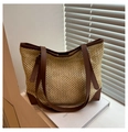 Strooi tote tas met bruine lederen bies en lange handvatten in natuurlijk beige tint - Bruin