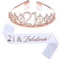 21st birthday set with rose gold rhinestone crown and 21 & Fabulous white satin sash - 21st Rose Gold Set