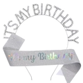 Silver rhinestone 'IT'S MY BIRTHDAY' headband and holographic sash party set - Glitter Sash Set (Silver)