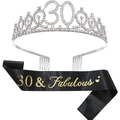 30th birthday set with silver rhinestone crown and black 30 & Fabulous satin sash - 30th Birthday Silver Kit