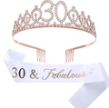 Rose gold 30th birthday crown and white 30 & Fabulous satin sash party set - 30th Rose Gold Set