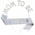Silver Mommy to Be headband with rhinestones and sparkly blue glitter sash for baby shower - Silver Set (FG083+JD069)
