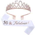 50th birthday party set with rose gold rhinestone crown and 50 & Fabulous white sash - 50th Rose Gold Set