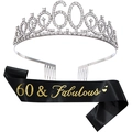 Set of 60th birthday silver rhinestone tiara and black gold 60 & Fabulous satin sash - 60th Birthday Silver Kit