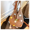 Borsa a spalla marrone all'uncinetto con fiori 3D colorati e tracolla intrecciata - Aggiornato / Cachi