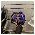Deep purple sequin bucket bag with golden chain strap and pearl bead accents - Purple
