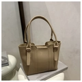 Minimalist khaki bucket bag with lychee pattern leather and long shoulder straps - Khaki