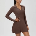 Brown long sleeve tennis dress with polo collar and slim fit athletic silhouette - S / Dark Brown