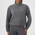 Dunkelgraue Damen Yoga-Jacke mit Fleece-Futter, Stehkragen und Kordelzug am Saum - S / Neutralgrau