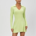 Slim fit long sleeve lime green tennis dress with V-neck and polo collar for women - S / Fruit Green