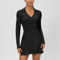 Slim-fit black long sleeve tennis dress with polo V-neck and quick-dry fabric - S / Black