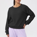 Camiseta de manga larga negra de punto gofrado para mujer, sudadera deportiva holgada - S / Negro