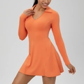 Bright orange long sleeve tennis dress with polo neck and slim fit waist design - S / Tropical Orange
