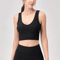 Women's black ribbed V-neck yoga tank top and high-waisted leggings set in high-stretch fabric - S / Black