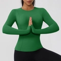Slim fit dark green long sleeve yoga top in high-stretch breathable fabric for women - S / Tops / Forest Green