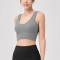 Grey ribbed yoga tank top with wide shoulder straps and a deep U-neckline design - S / Gray