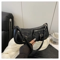Retro black patent leather underarm bag with double pockets and silver buckles - Black