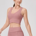 Ribbed yoga set in dusty rose pink with deep U-neck sports bra and high waist leggings - S / Pink