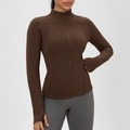 Dunkelbraune Yoga-Jacke mit Stehkragen und Daumenlöchern für Damen im Slim-Fit-Design - S / Nicht Gefüttert / Dunkelbraun