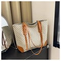 Grand sac cabas avec motif géométrique gris et anses en cuir marron chic - Blanc Cassé