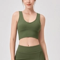 Ensemble de yoga vert foncé côtelé avec haut court col en U et legging taille haute - S / Haut (12118) / Vert Militaire