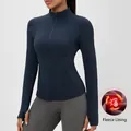 Giacca da yoga blu scuro slim fit per donna con fodera in pile e asole per i pollici - Taglia S / Top / Blu Navy (Pile)
