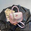 Pink and white patchwork handbag with cherry print, metal chain and donut charm - Pink