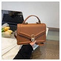 Elegante borsa a mano marrone in pelle PU con trama geometrica e chiusura dorata - Marrone