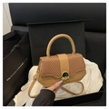 Bruine lederen en stro geweven crossbody tas met gouden slot in luxe geschenkdoos - Khaki