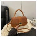 Brown faux leather crossbody bag with woven texture lid and golden metal clasp lock - Brown
