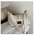 Minimalist pleated nylon tote bag in beige with black logo label and adjustable strap - White