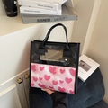 Borsa in tela a cuori rosa con parte superiore in PVC trasparente e manico chic - Rosa